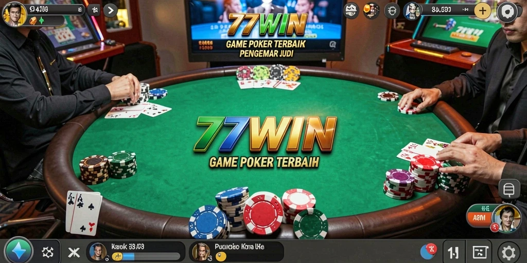 Screenshot gameplay 77WIN menunjukkan suasana meja poker yang mendebarkan.