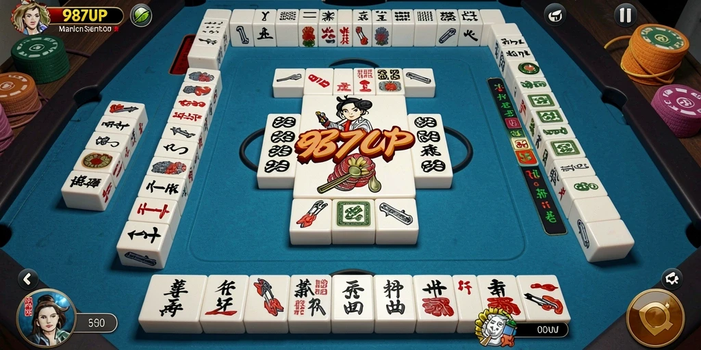 Screenshot utama 987UP memperlihatkan gameplay Mahjong yang menarik dan menantang.