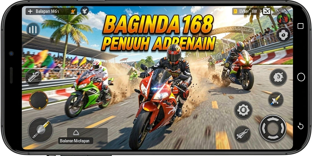 Tangkapan layar menampilkan aksi balapan motor yang mendebarkan dalam BAGINDA168.