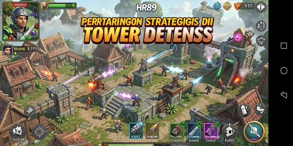 Screenshot gameplay HR89 yang menunjukkan menara dan musuh dalam aksi.