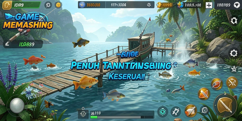 Screenshot IDR89 menunjukkan gameplay yang seru saat memancing di danau.
