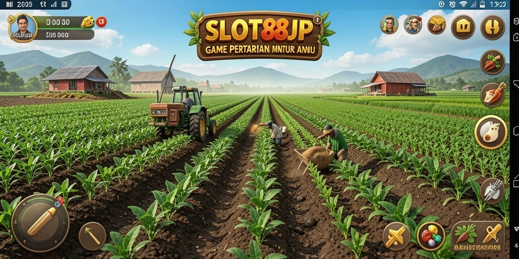 Gameplay SLOT88JP menampilkan lahan pertanian yang subur dan aktivitas bertani.