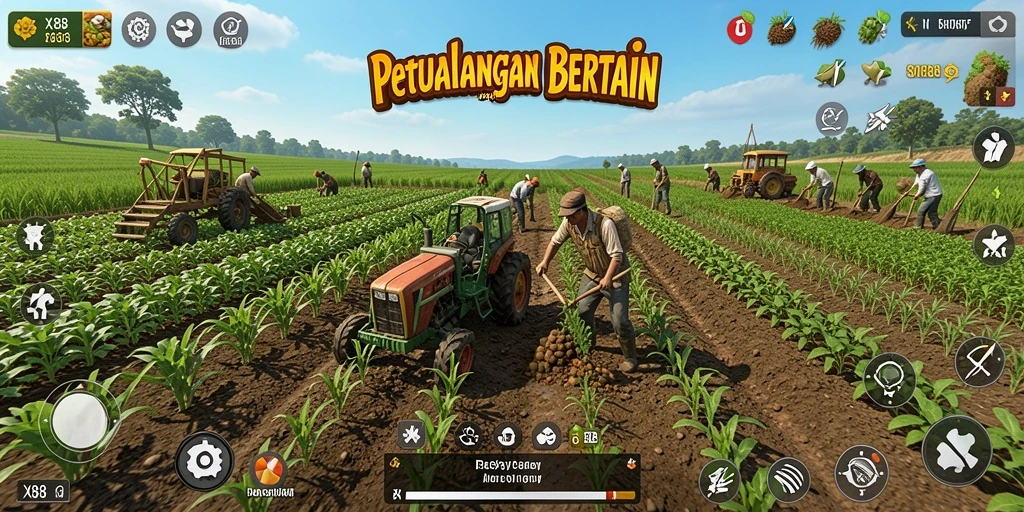 Tangkapan layar utama X88 menunjukkan suasana ladang yang indah dan gameplay seru.