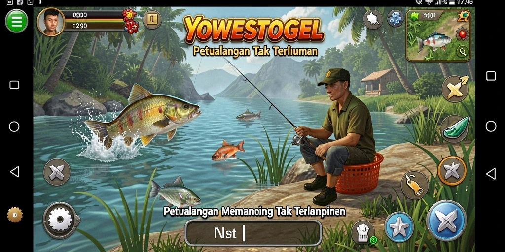 Screenshot gameplay YOWESTOGEL menampilkan aksi memancing yang seru dan detail.